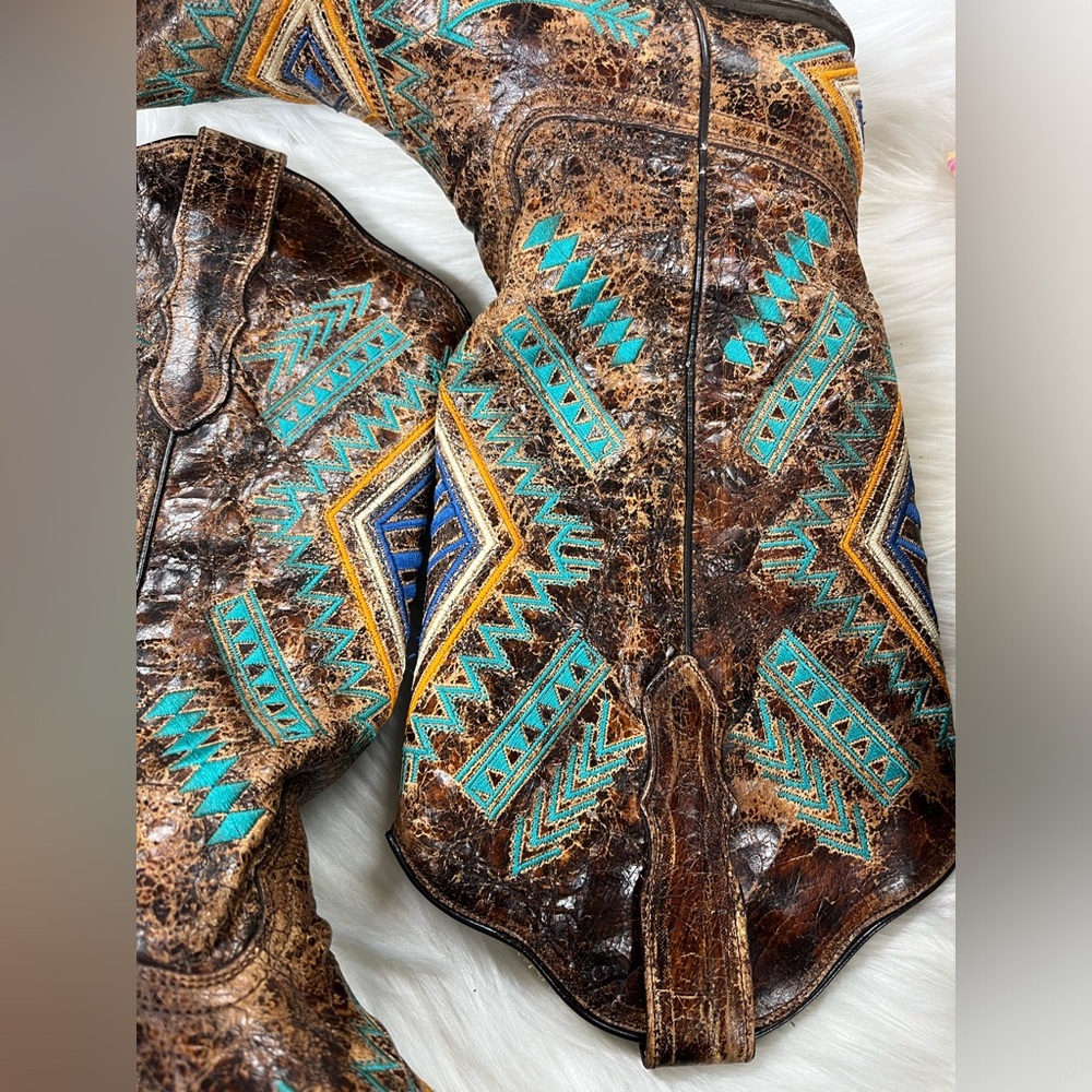 CORRAL WOMEN'S DIAMOND COWGIRL SNIP TOE TURQUOISE COGNAC BOOTS size 6 - Picture 4 of 11
